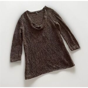 EILEEN FISHER Italian Yarn Cowl Neck Loose Knit Sweater Brown w/Metallic Thread